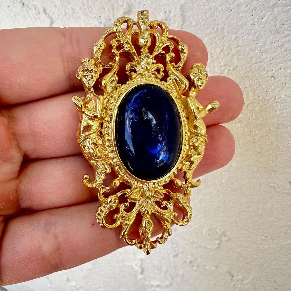 Vintage Ornate Victorian Gold Brooch Blue Cabochon Female Figures Bodice Ladies